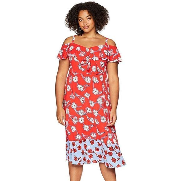 London Times red floral cold shoulder midi dress - Picture 1 of 7
